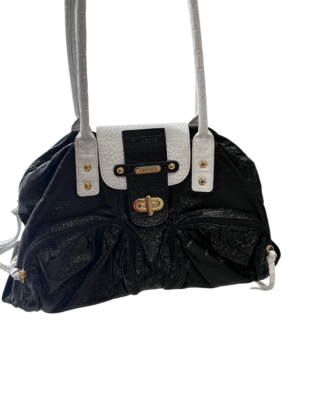 Sharif Studio Black White Faux Croc Patent Large Satchel Bag w/ Gold Hardware